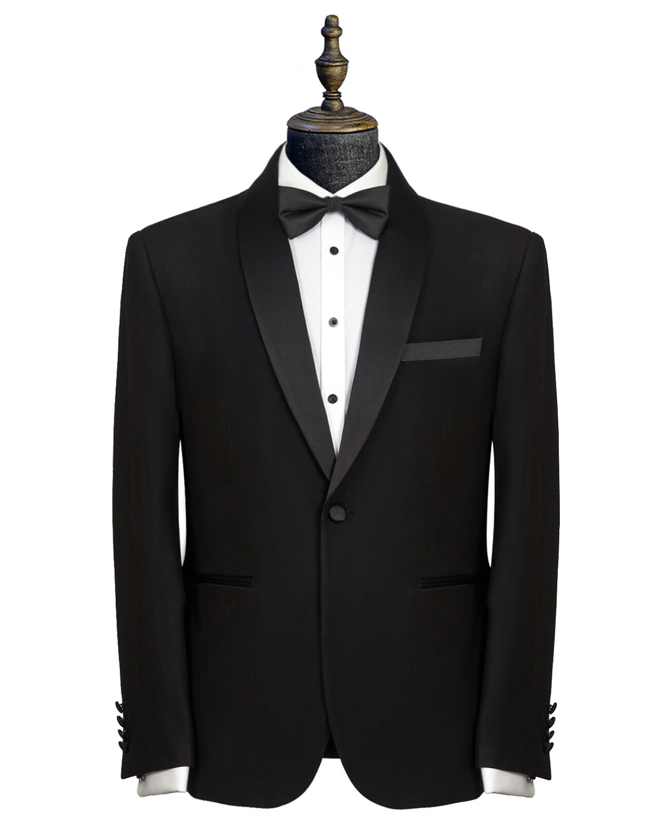 Entry level skinny-fit black tuxedo made from a non-wool fabric