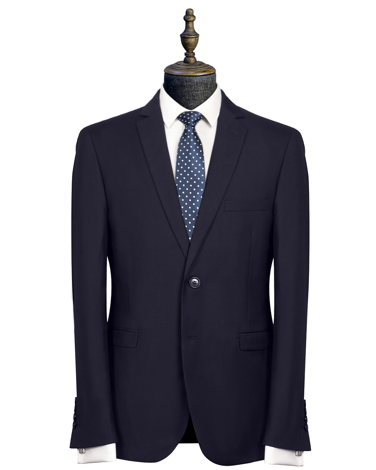 Entry level skinny-fit navy suit made from a non-wool fabric