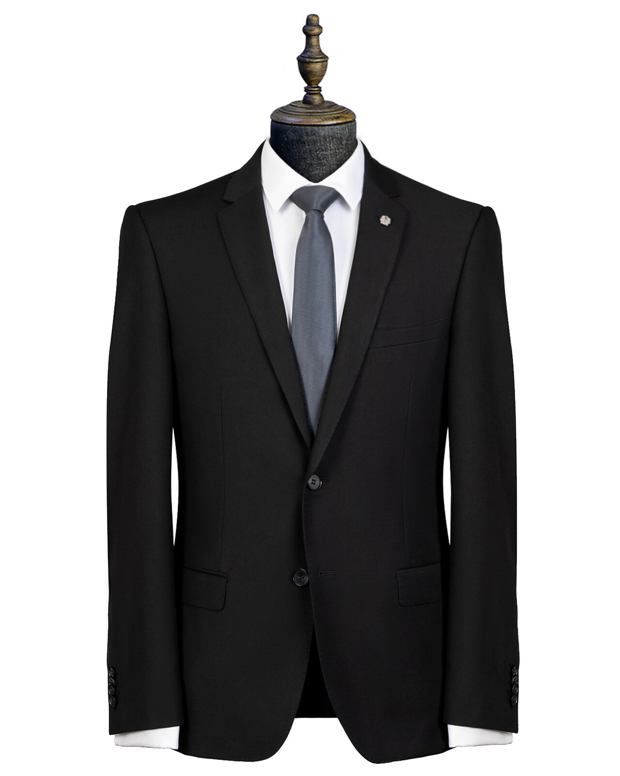 Entry level skinny-fit black suit made from a non-wool fabric