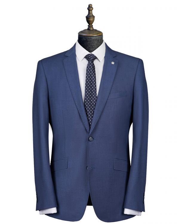 Entry level slim-fit blue suit made from a non-wool fabric