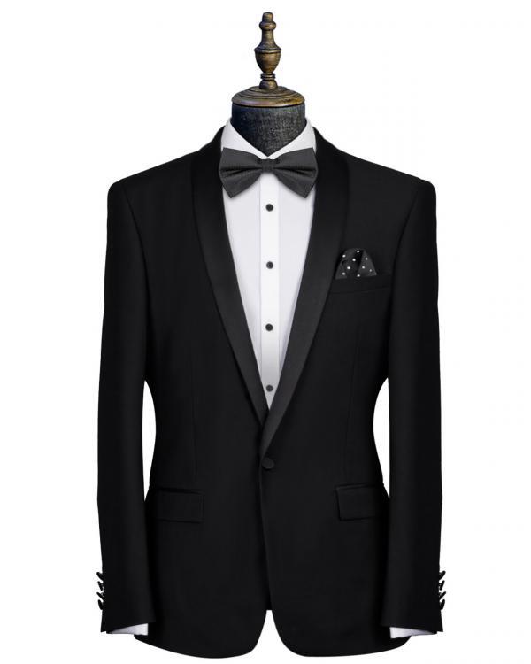 Entry level skinny-fit black tuxedo made from a non-wool fabric