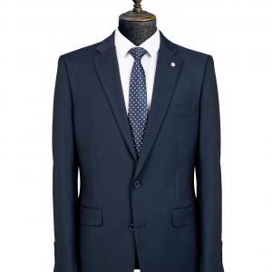 Entry level regular-fit navy suit made from a non-wool fabric.